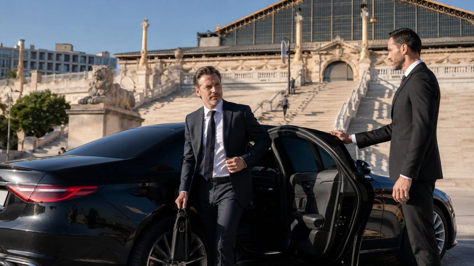 Chauffeur privé chargeant les valises d'une famille devant l'aéroport Marseille Provence