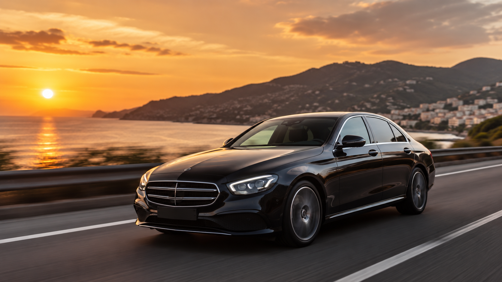 VTC longue distance Marseille Côte d'Azur, berline Mercedes premium sur l'autoroute A8 au coucher de soleil