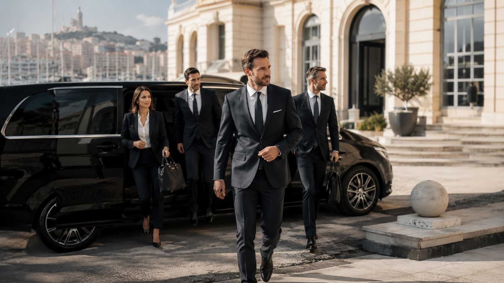 Groupe de cadres d'entreprise descendant d'un van VTC noir devant un lieu de séminaire à Marseille, chauffeur privé
