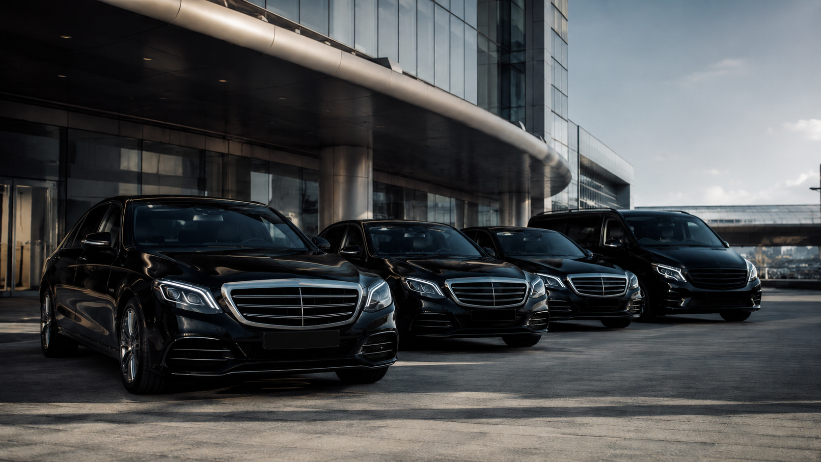 Flotte de berlines Mercedes et van noir alignés devant un centre de congrès moderne à Marseille