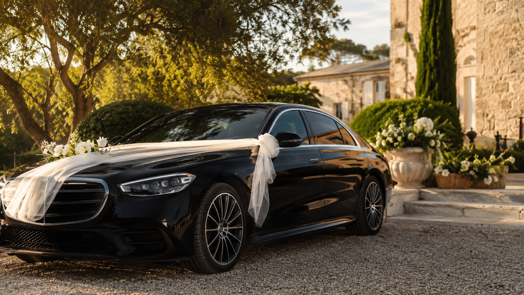 Berline Mercedes noire décorée d'un ruban blanc devant un mas provençal pour un mariage, chauffeur privé Marseille