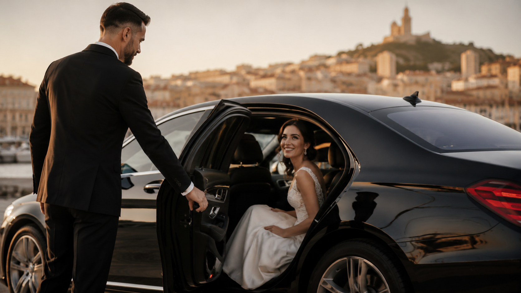 Chauffeur privé ouvrant la portière à une mariée en robe blanche à Marseille, service mariage haut de gamme
