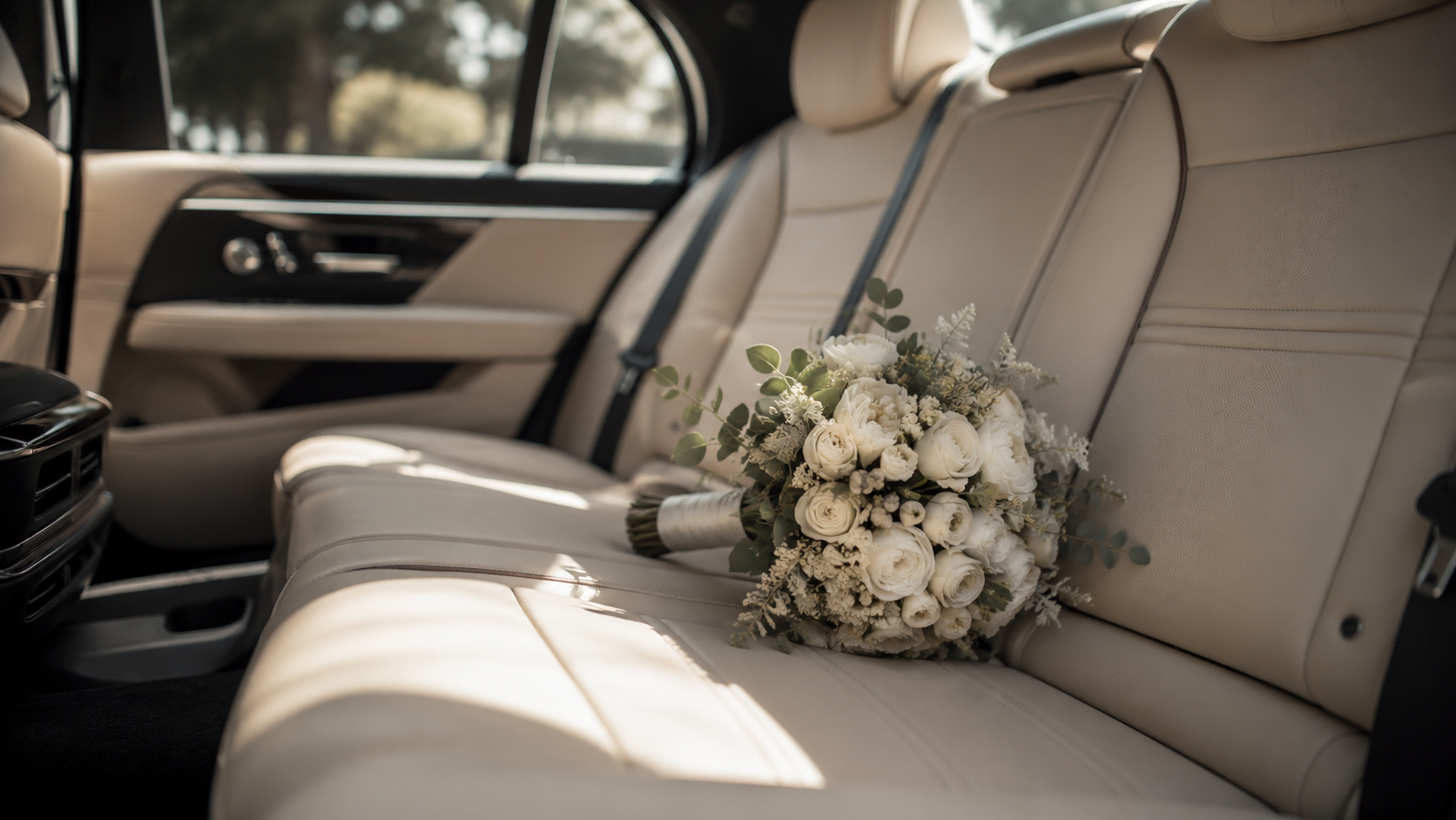 Intérieur cuir clair d'une berline de luxe avec un bouquet de mariée, transport de mariage premium