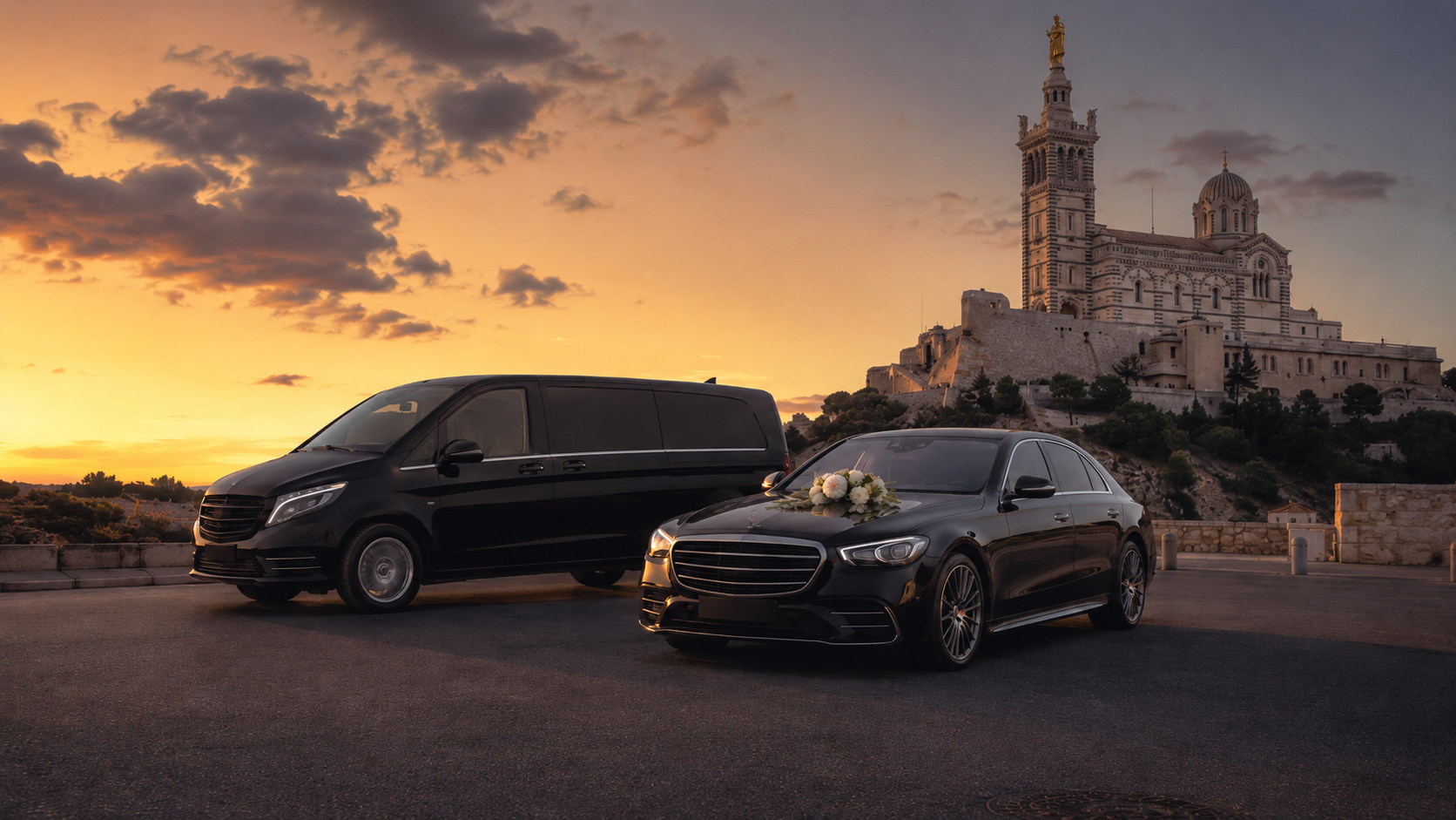 Berline Mercedes et van noir devant Notre-Dame de la Garde à Marseille pour un cortège de mariage au coucher de soleil