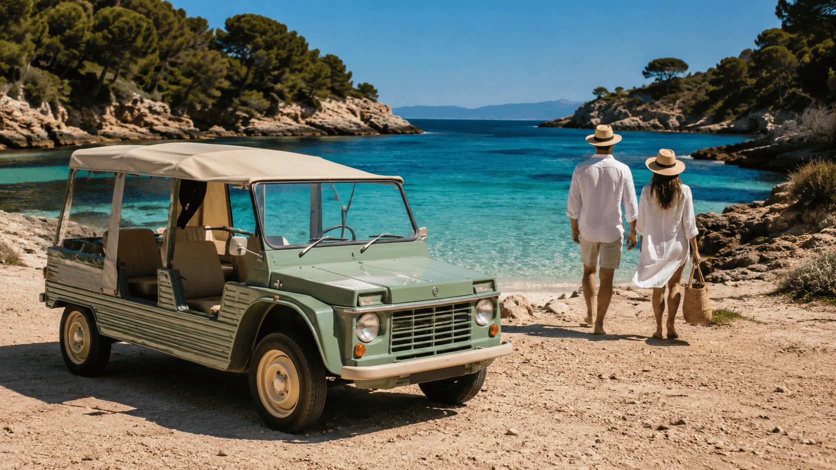 Mini Moke vert kaki RM Luxury Transport sur une crique du littoral varois
