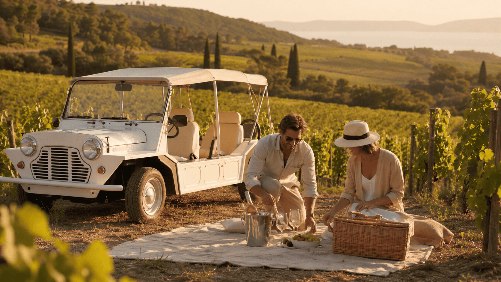 Mini Moke blanc RM Luxury Transport dans les vignes de Bandol — pique-nique en couple