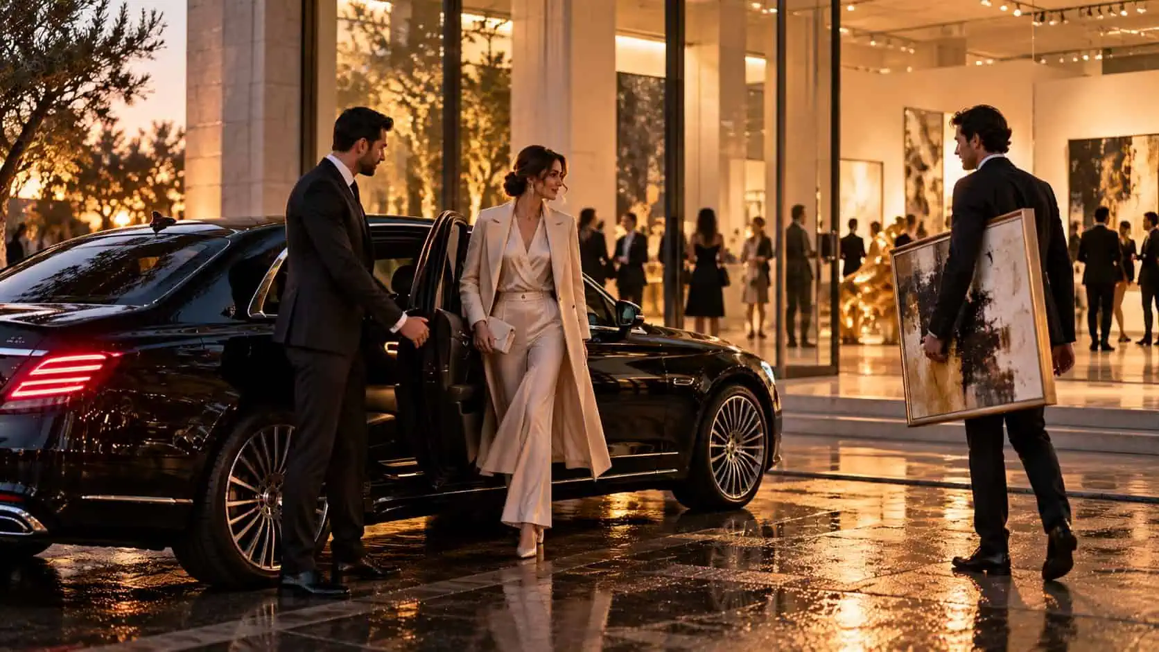 Chauffeur privé accueillant des visiteurs élégants devant un salon d'art contemporain à Marseille