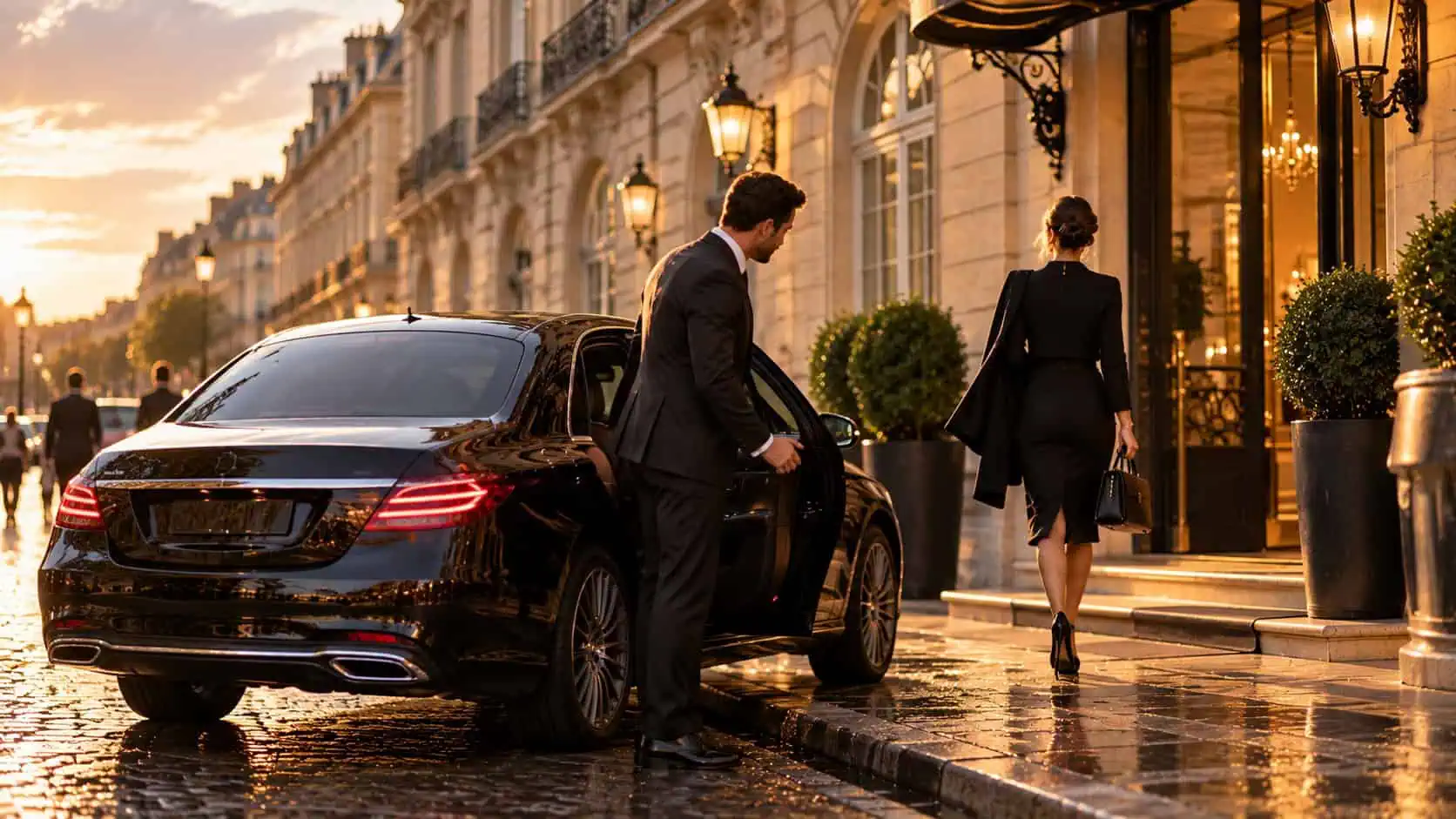 Berline noire et chauffeur privé devant une façade en pierre blonde du centre de Bordeaux