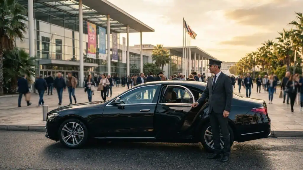 Chauffeur privé VTC et berline noire devant l'entrée du Parc Chanot pendant la Foire de Marseille