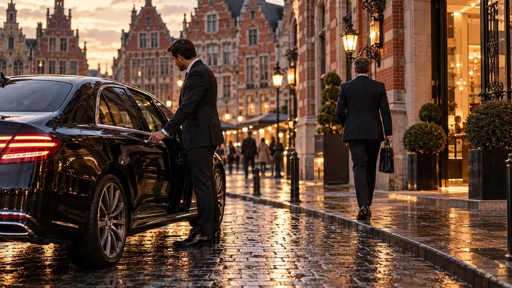 Berline noire et chauffeur privé devant une façade flamande du centre de Lille