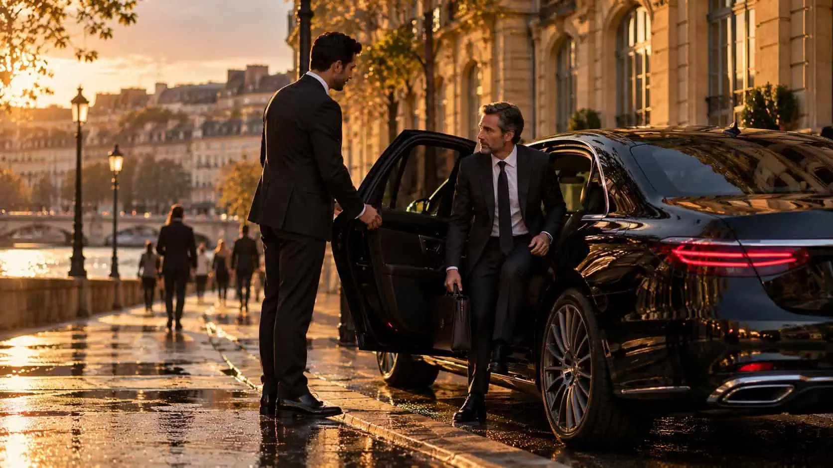 Chauffeur privé et berline noire devant un immeuble en pierre dorée du centre de Lyon