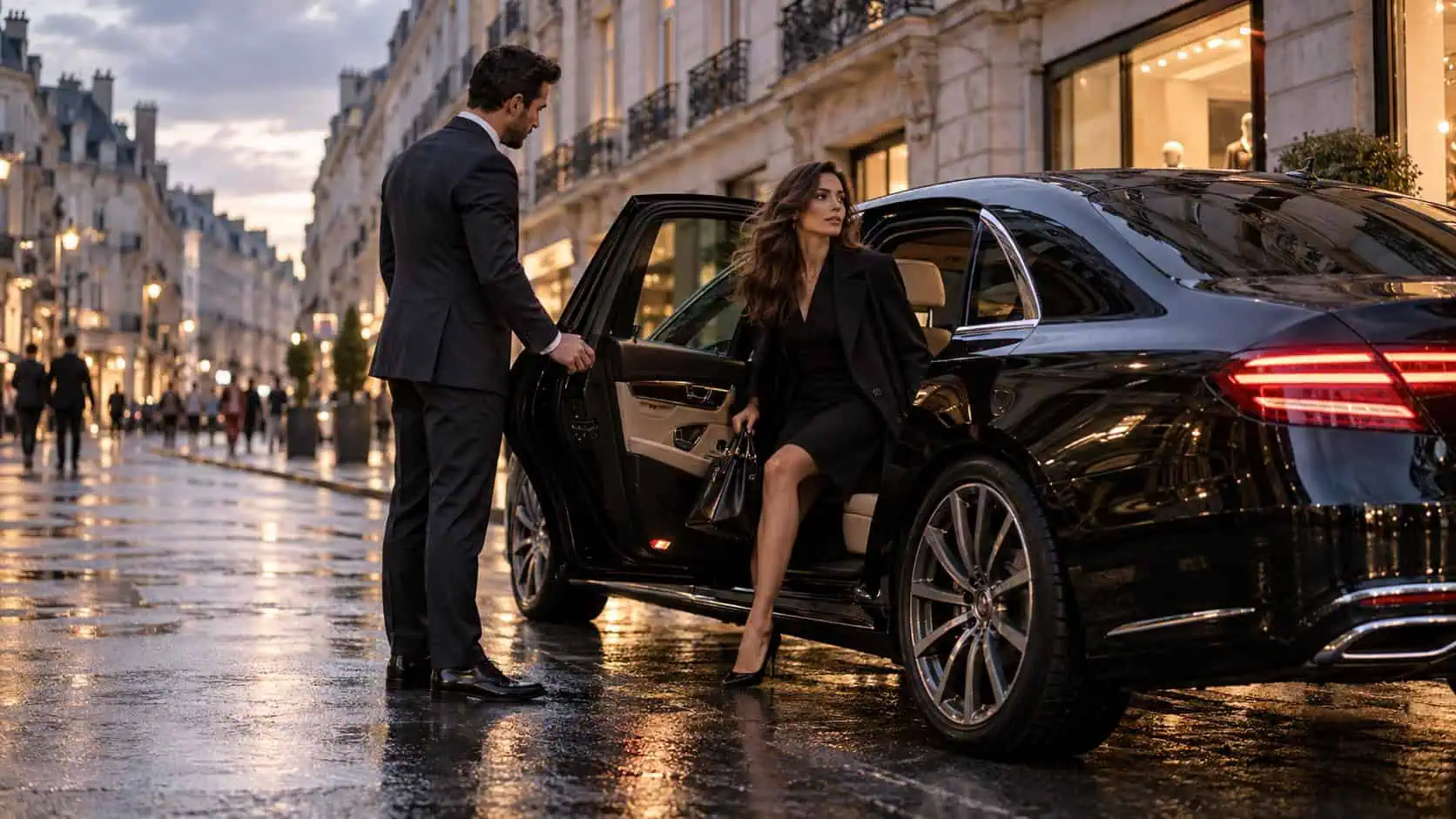 Berline noire et chauffeur privé devant un immeuble en pierre claire du centre de Nantes