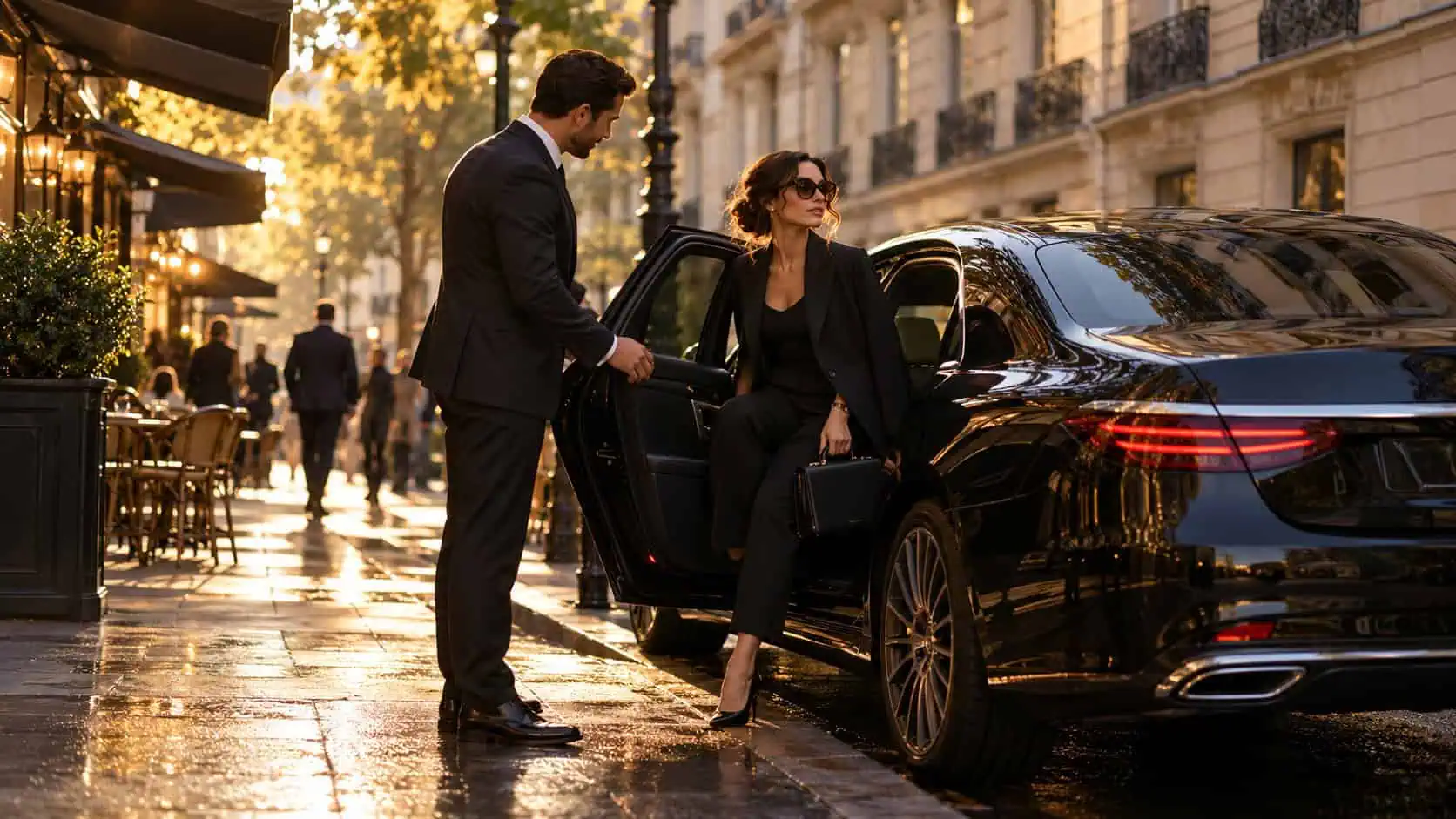 Chauffeur privé RM Luxury Transport et berline noire devant un immeuble haussmannien à Paris