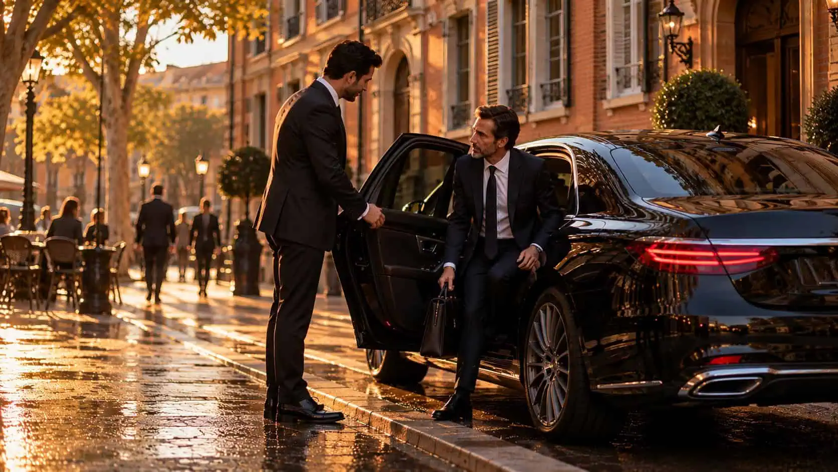 Chauffeur privé et berline noire devant une façade en brique rose du centre de Toulouse