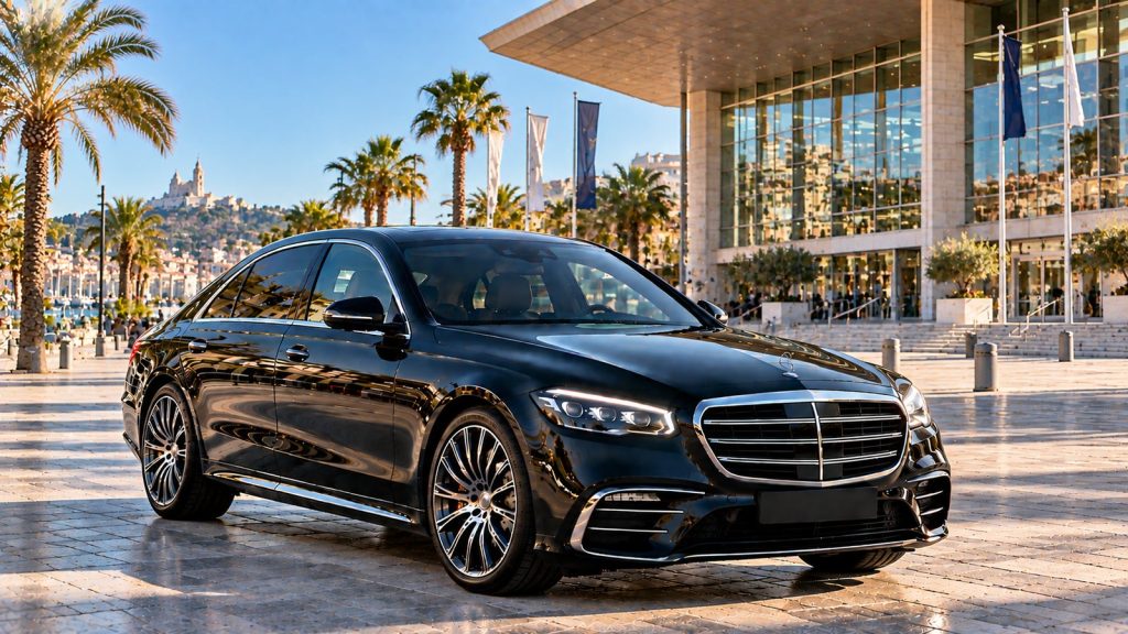 Berline noire avec chauffeur privé devant le palais des congrès du Parc Chanot à Marseille