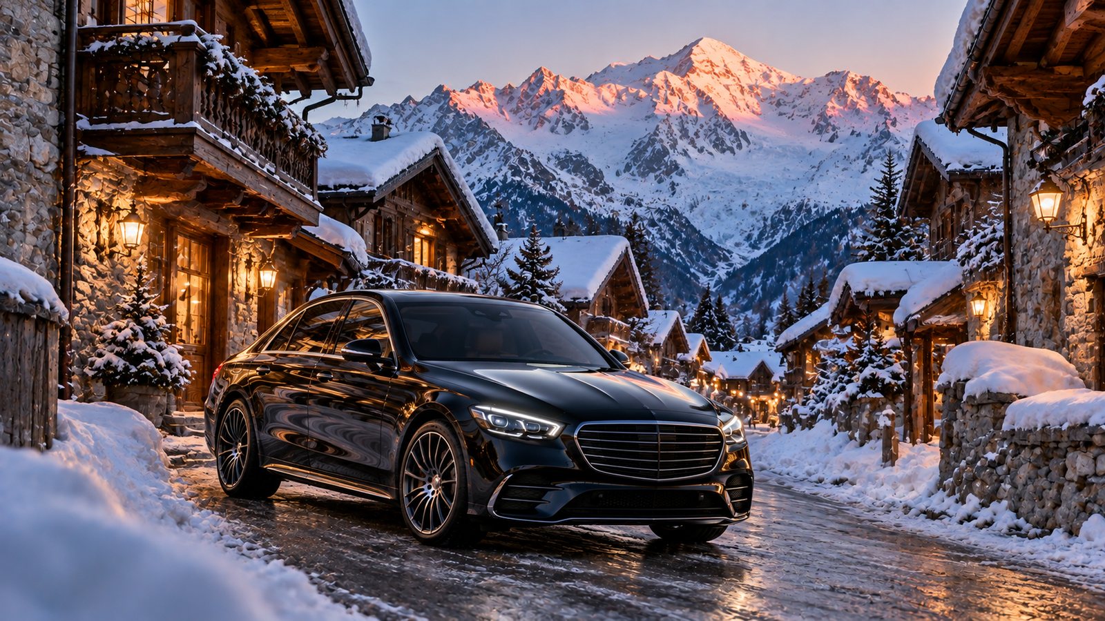 Chauffeur privé RM Luxury Transport sur une route de montagne enneigée, transfert vers Chamonix