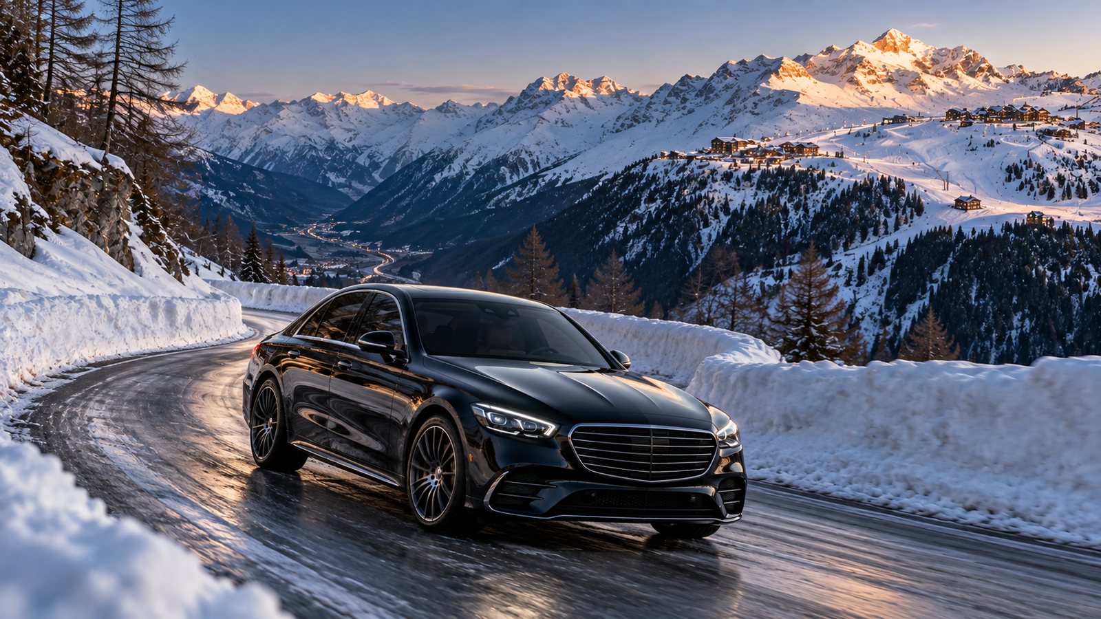Chauffeur privé RM Luxury Transport sur une route de montagne enneigée, transfert vers Les Deux Alpes