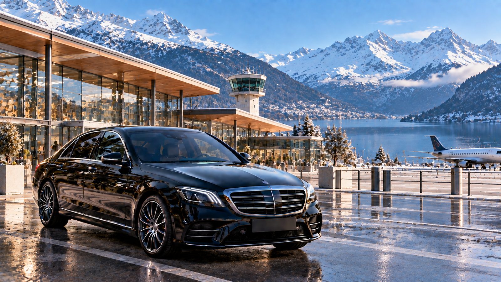 Berline noire avec chauffeur privé devant l'aérogare de Chambéry-Savoie au bord du lac du Bourget