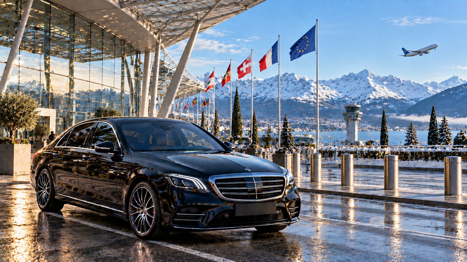 Berline noire avec chauffeur privé devant l'aéroport de Genève face aux Alpes enneigées
