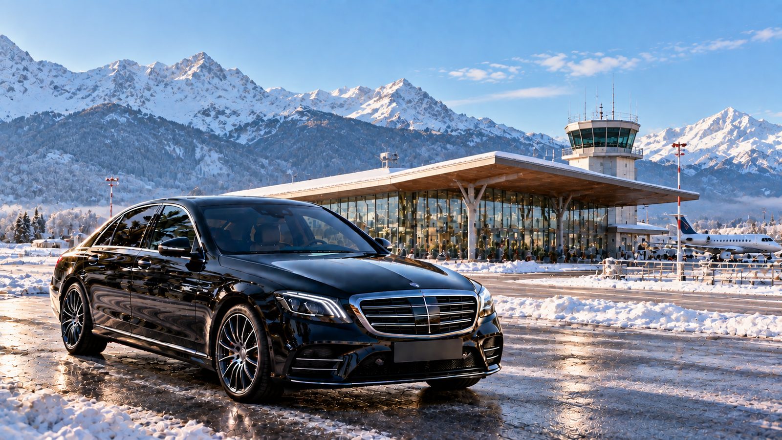 Berline noire avec chauffeur privé devant l'aérogare de Grenoble-Alpes-Isère sous la neige
