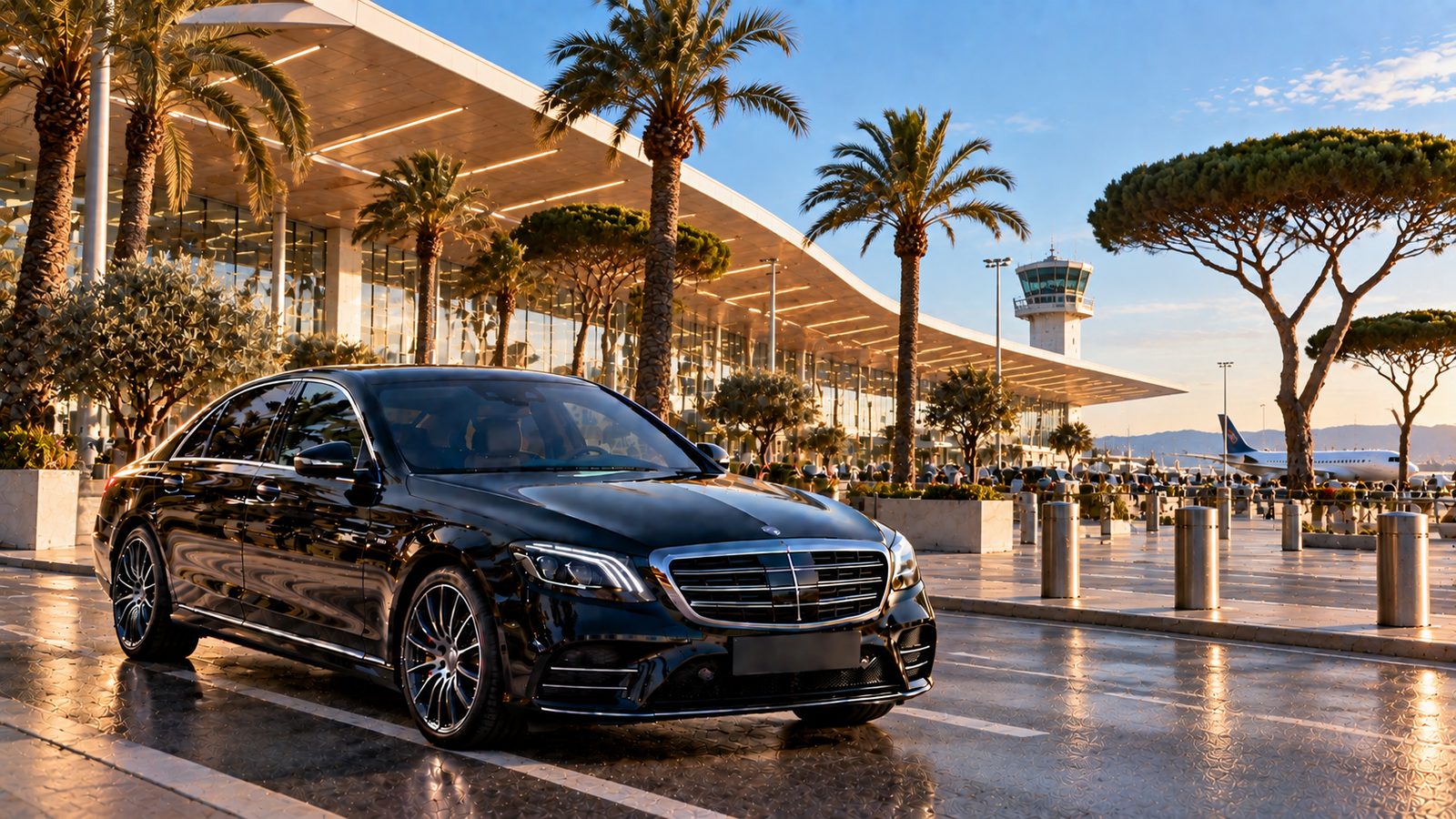 Berline noire avec chauffeur privé devant l'aéroport Montpellier-Méditerranée bordé de palmiers