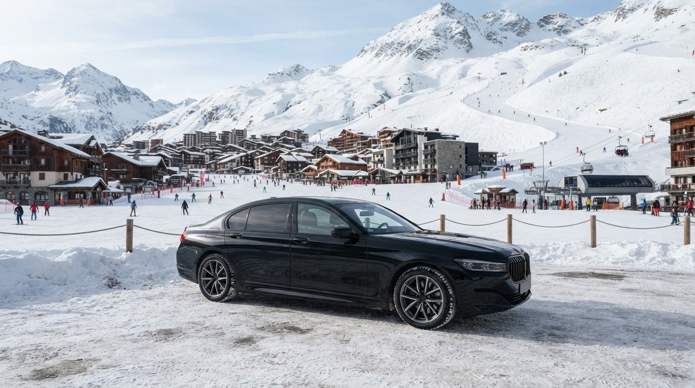 Berline noire avec chauffeur privé devant le front de neige de la station d'Auron