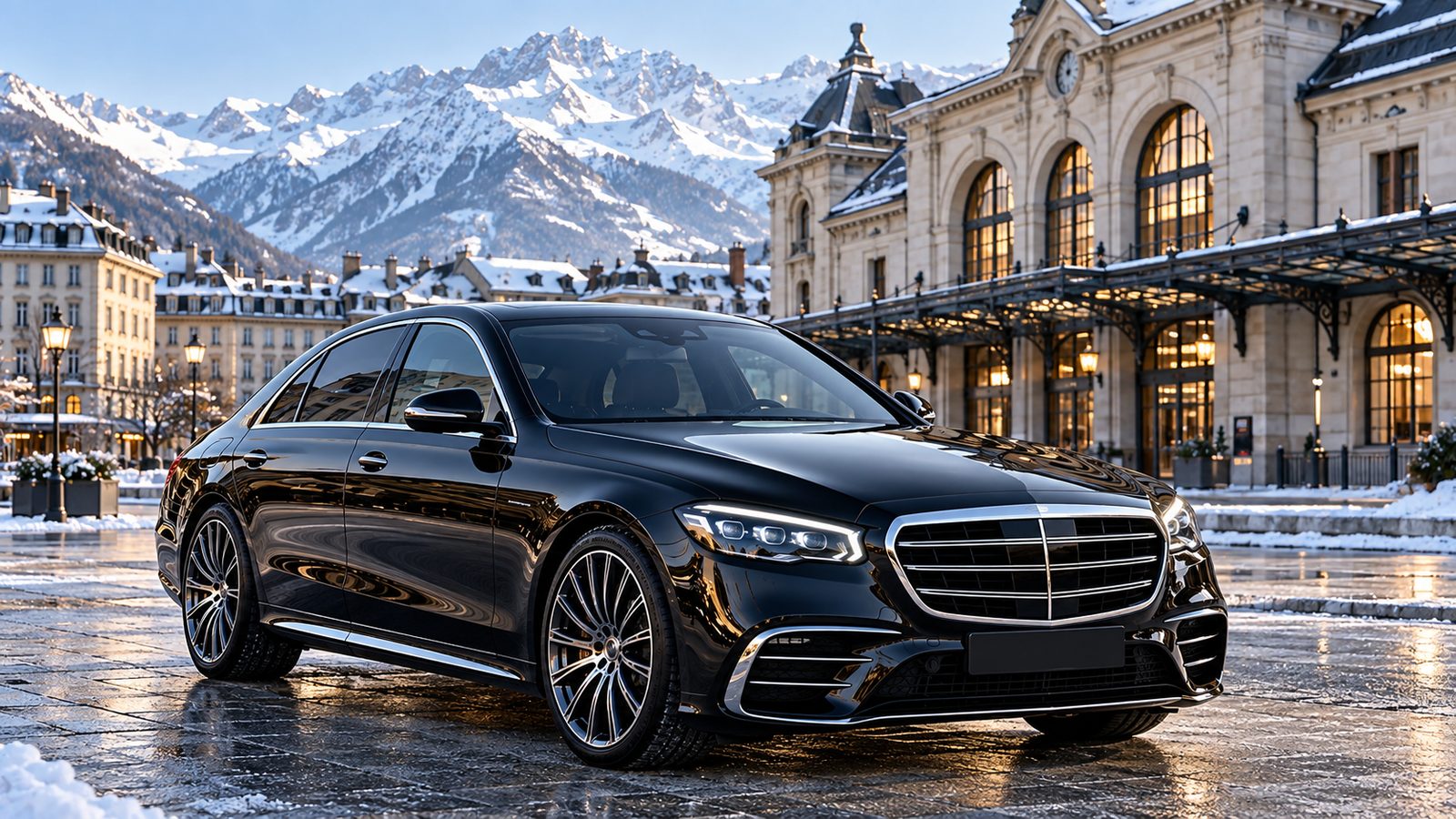 Berline noire avec chauffeur privé devant la gare de Chambéry en Savoie