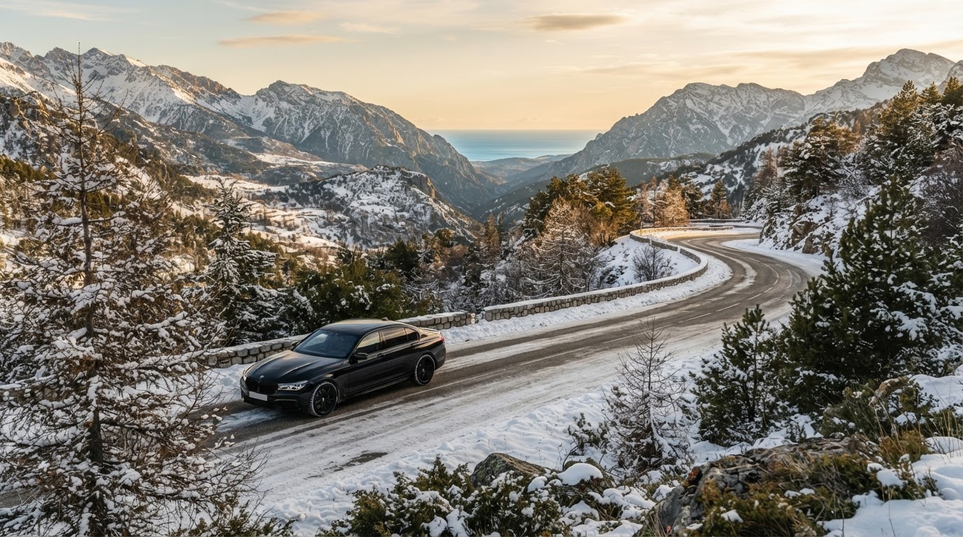 Berline noire avec chauffeur privé sur une route enneigée des Alpes-Maritimes avec la mer au loin