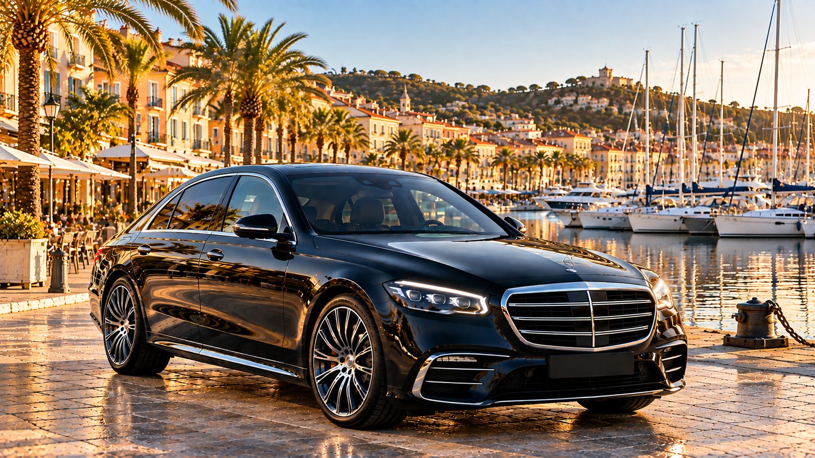 Berline noire avec chauffeur privé sur le quai du port de Bandol