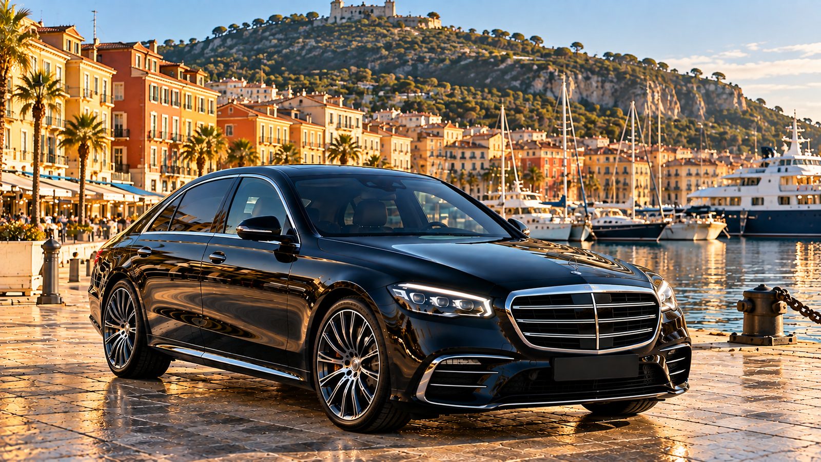 Berline noire avec chauffeur privé sur les quais du port de Nice