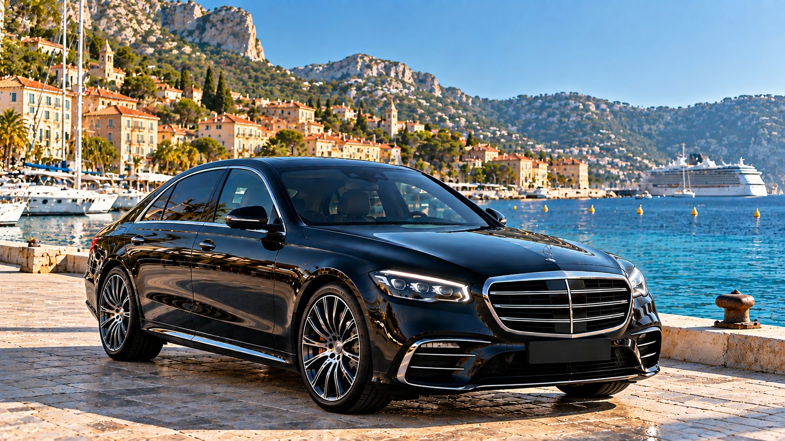 Berline noire avec chauffeur privé sur le quai de la rade de Villefranche-sur-Mer