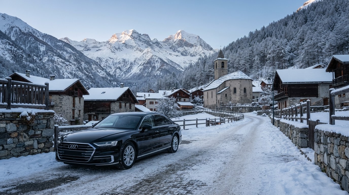 Berline noire avec chauffeur privé dans un village enneigé de la vallée de l'Ubaye près de Pra-Loup
