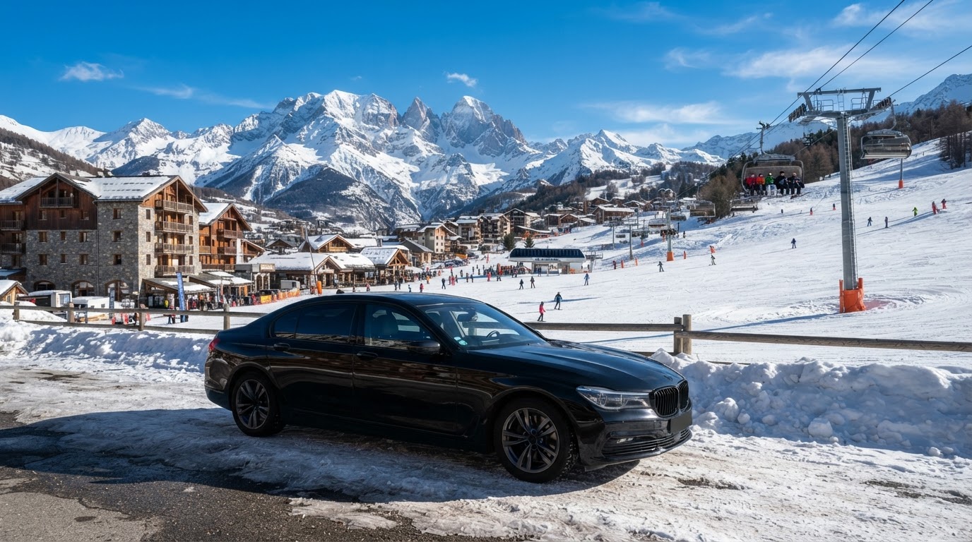 Berline noire avec chauffeur privé devant le front de neige ensoleillé de Risoul