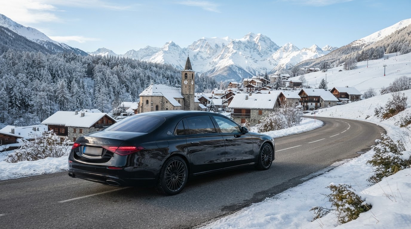 Berline noire avec chauffeur privé devant un village-station enneigé de Serre Chevalier
