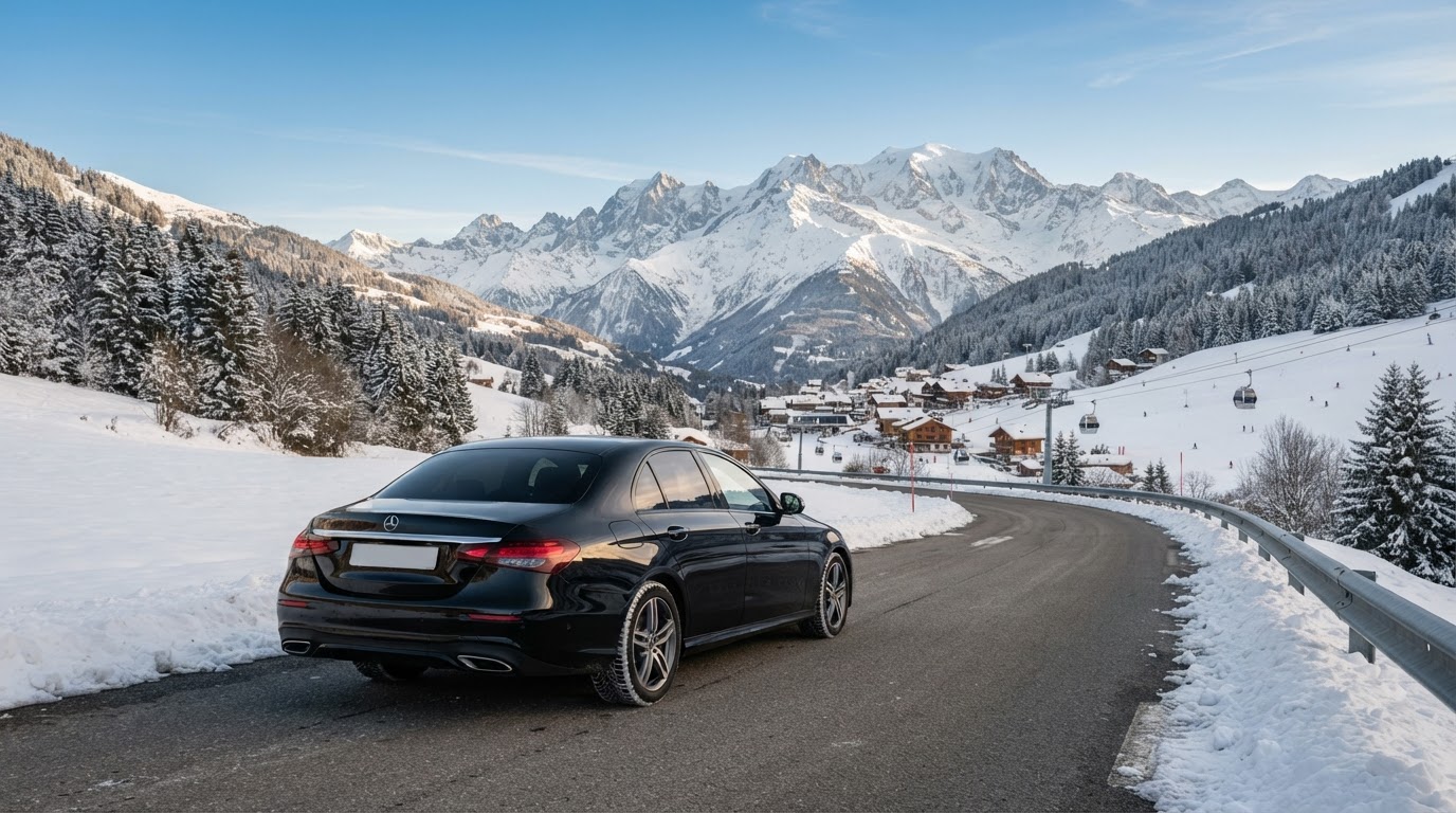 Berline noire avec chauffeur privé sur une route de montagne enneigée devant une station de ski des Alpes