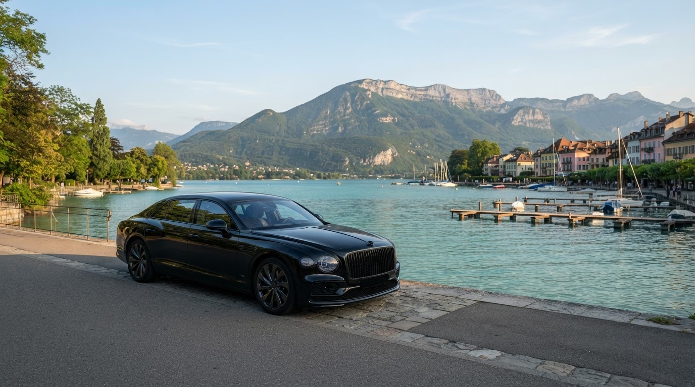 Berline noire avec chauffeur privé au bord du lac d'Annecy face aux montagnes des Aravis