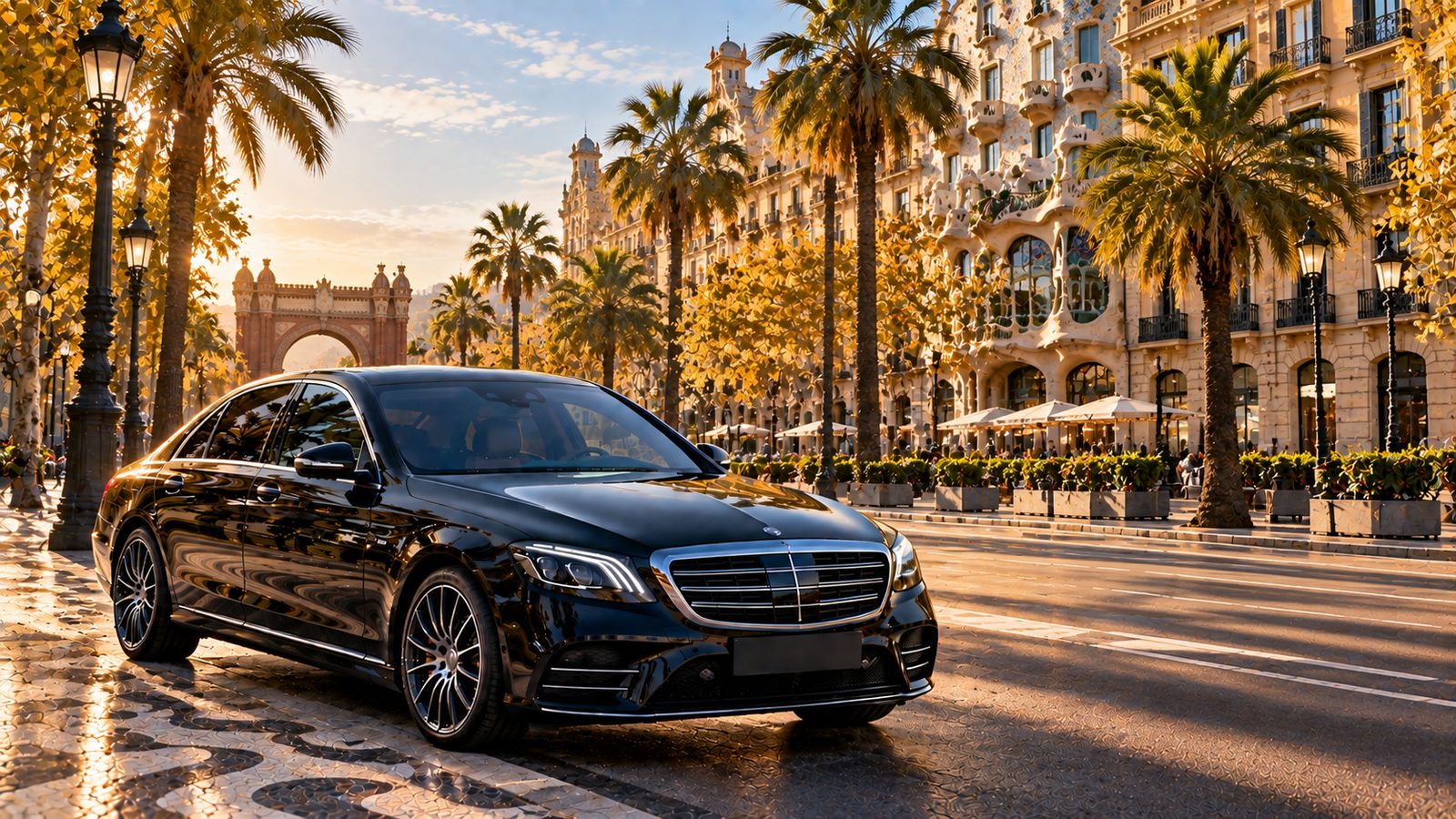 Berline noire avec chauffeur privé sur une avenue moderniste de Barcelone bordée de palmiers