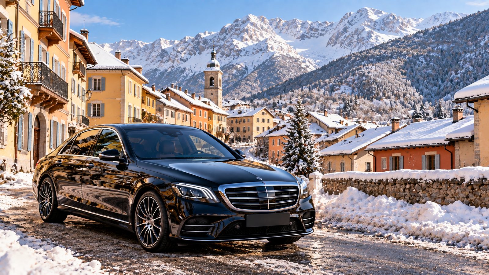 Berline noire avec chauffeur privé dans une rue enneigée de Barcelonnette dans l'Ubaye
