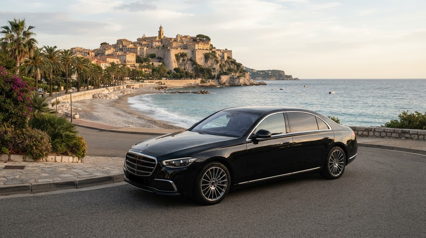Berline noire avec chauffeur privé sur le front de mer de Cagnes-sur-Mer face au village perché