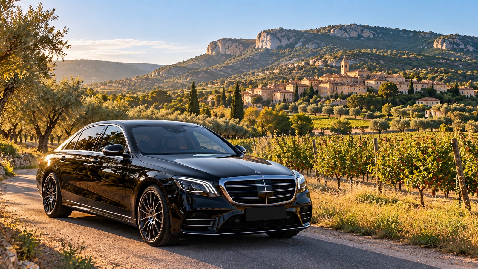 Berline noire avec chauffeur privé sur une route au pied du Luberon près de Cavaillon