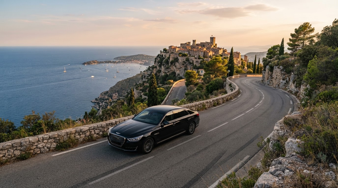 Berline noire avec chauffeur privé sur la corniche face au village perché d'Èze