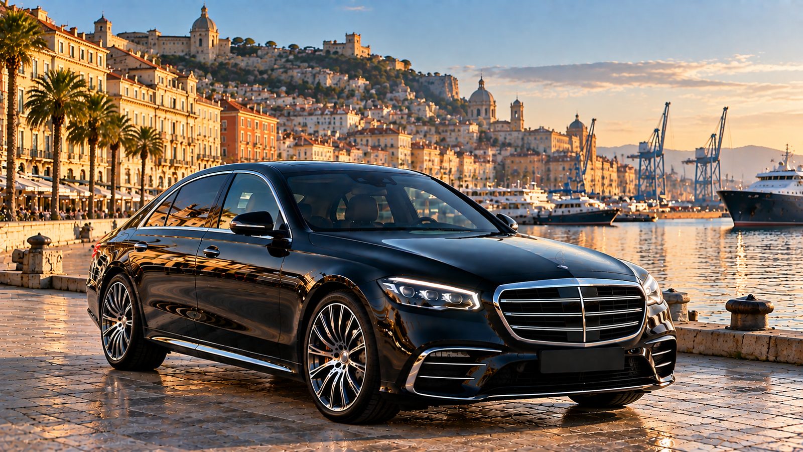 Berline noire avec chauffeur privé devant le port et les palais de Gênes