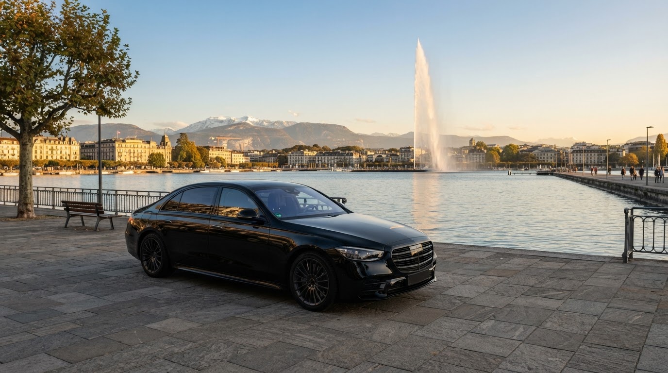 Berline noire avec chauffeur privé sur les quais de Genève face au jet d'eau du lac Léman