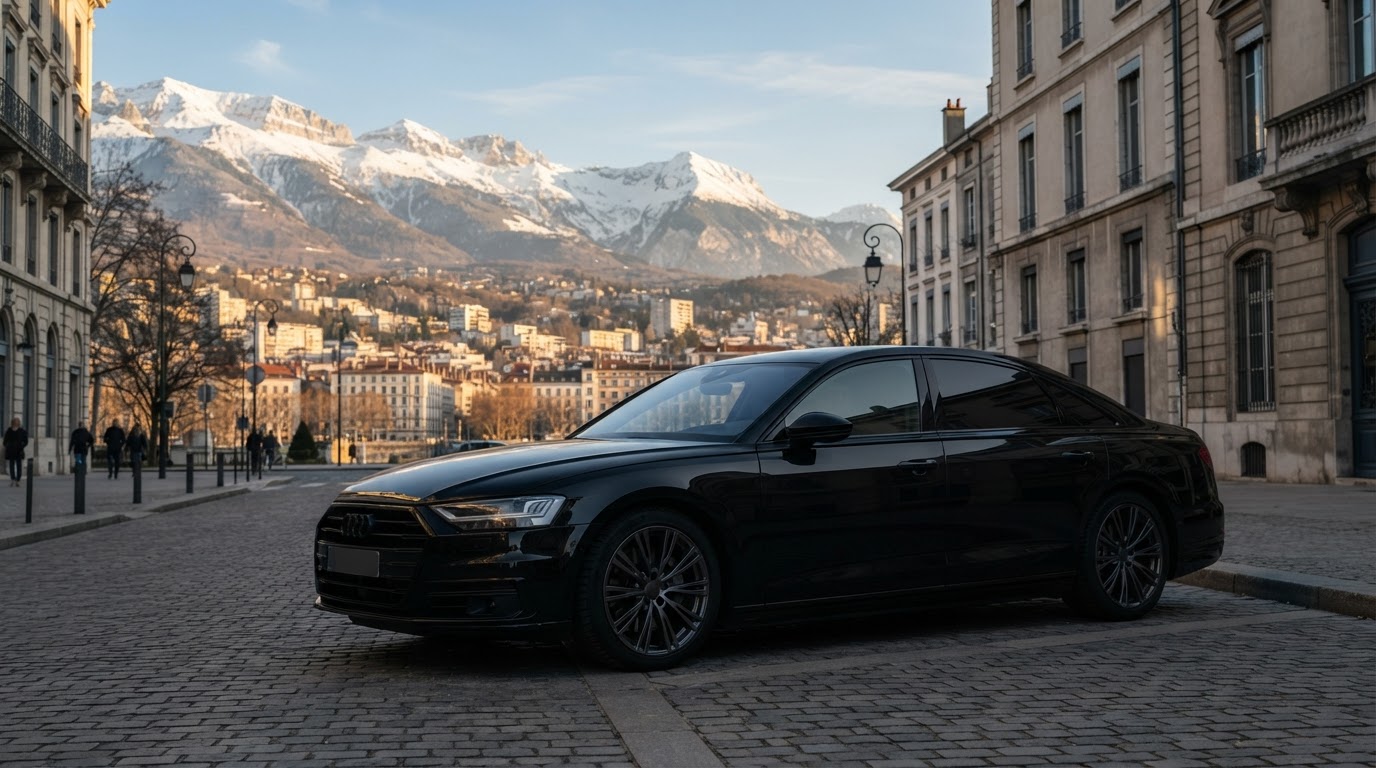 Berline noire avec chauffeur privé dans une rue de Grenoble devant les massifs enneigés