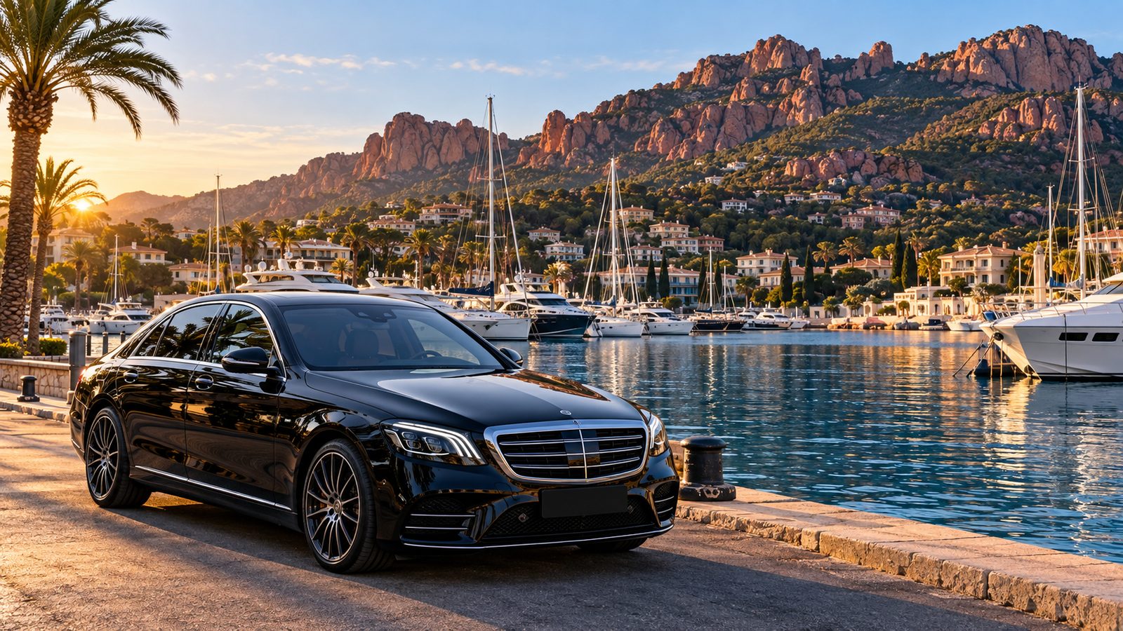 Berline noire avec chauffeur privé sur le port de Mandelieu-la-Napoule au pied de l'Esterel