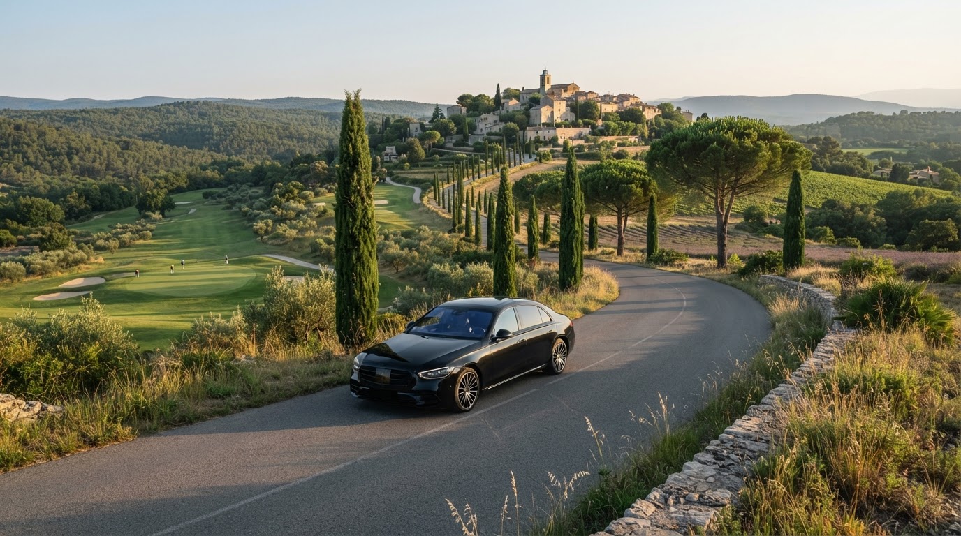 Berline noire avec chauffeur privé sur une allée de cyprès menant au village de Mougins