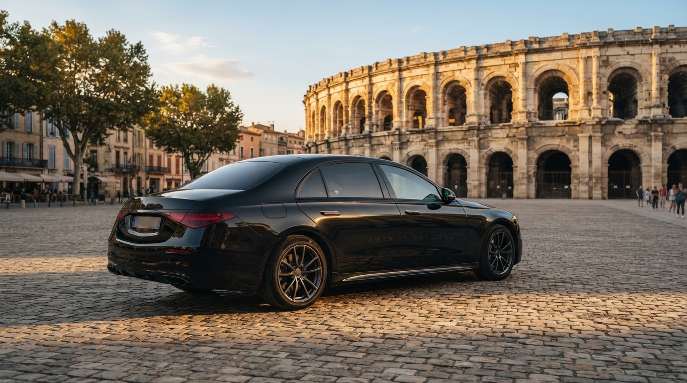 Berline noire avec chauffeur privé sur une place pavée devant les arènes de Nîmes