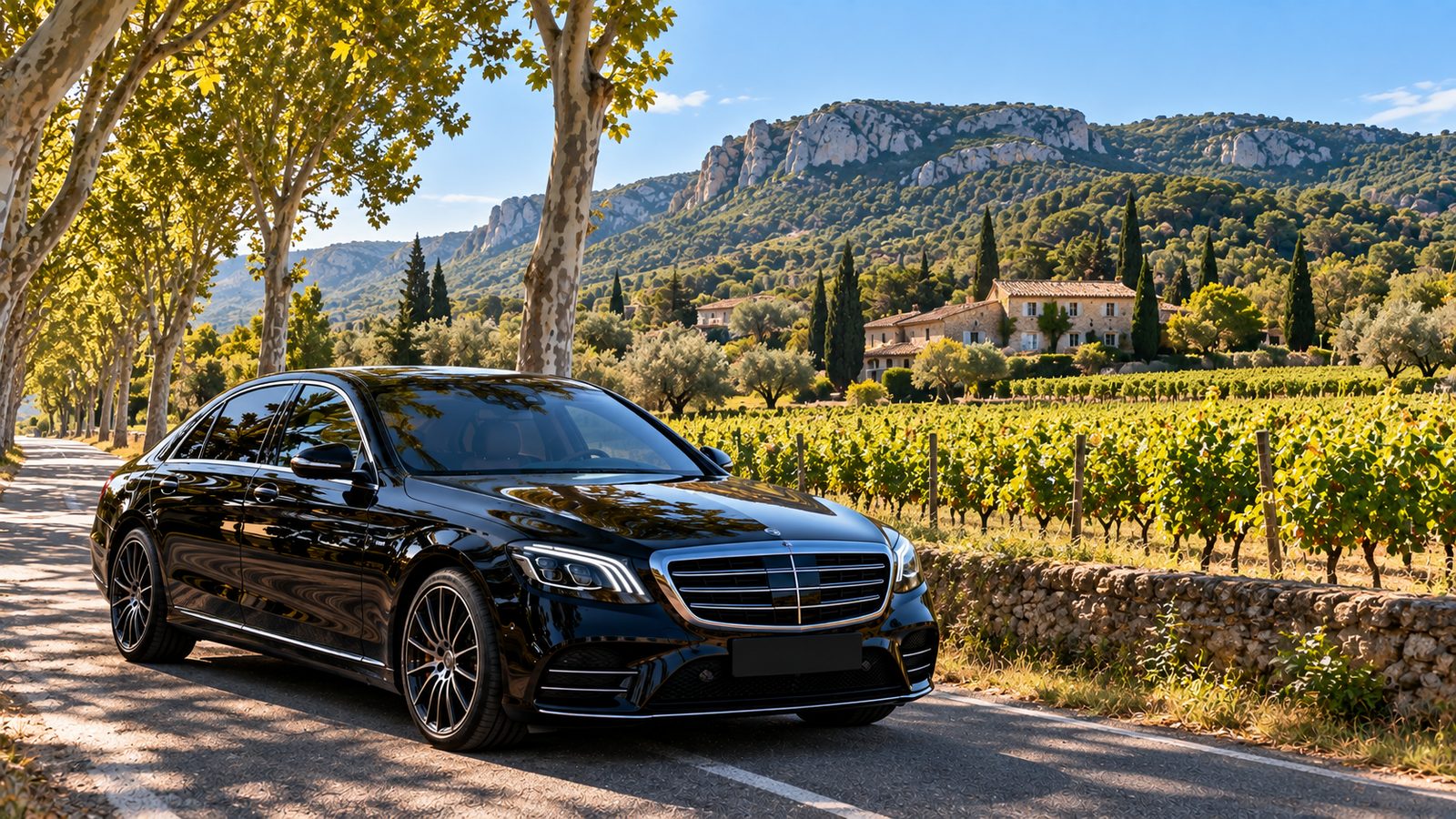 Berline noire avec chauffeur privé sur une route bordée de vignes au sud du Luberon à Pertuis