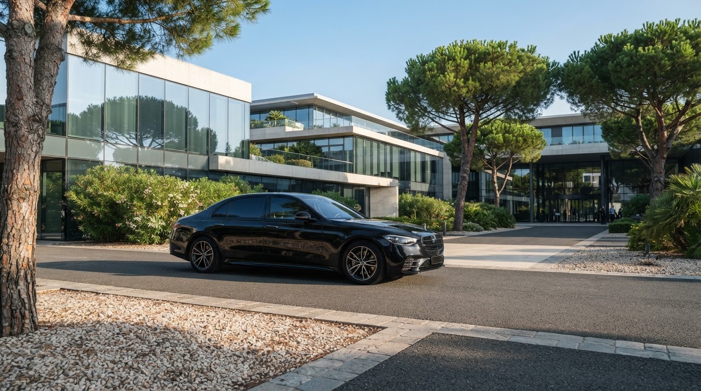 Berline noire avec chauffeur privé devant un bâtiment de bureaux de la technopole de Sophia Antipolis