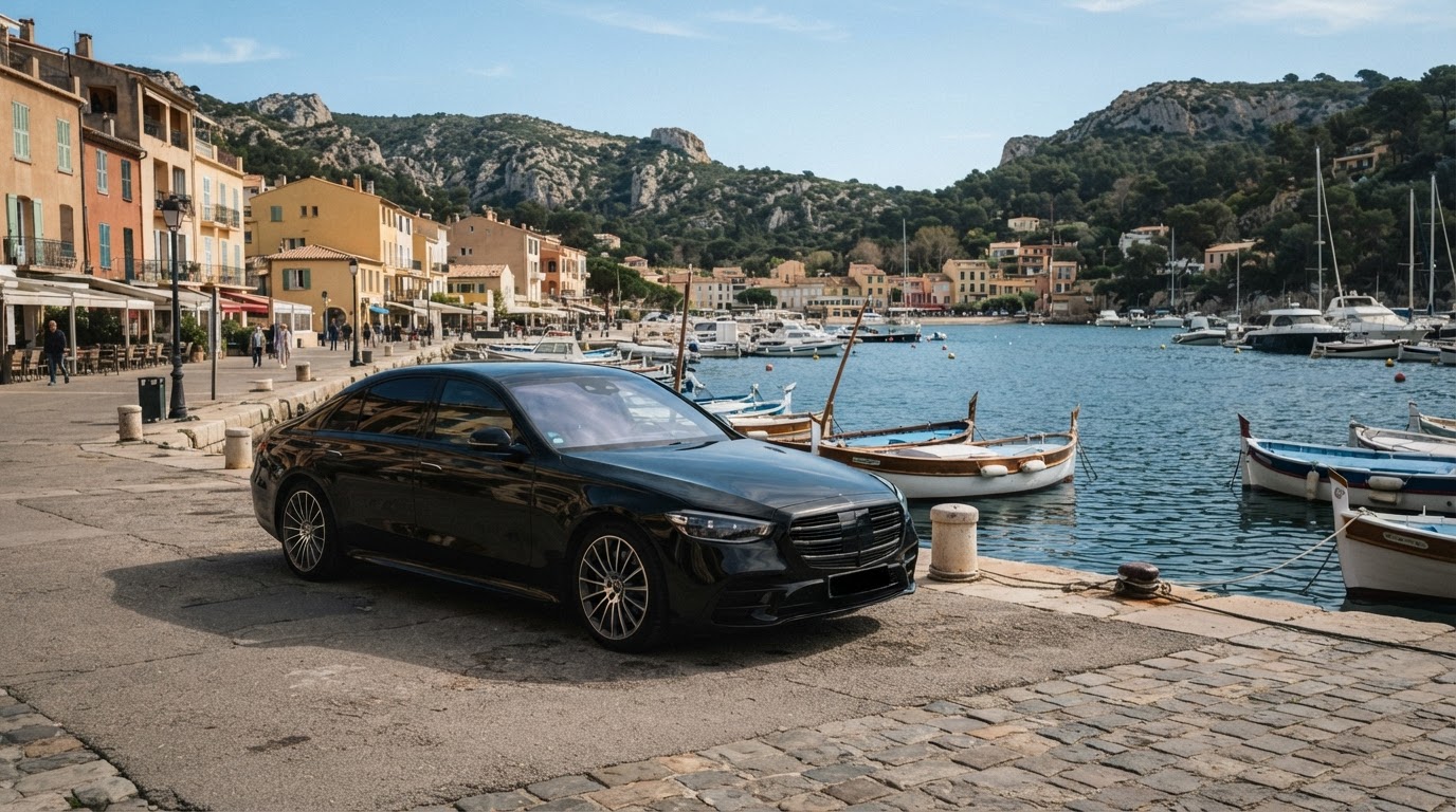 Berline noire avec chauffeur privé sur le quai du port de Villefranche-sur-Mer